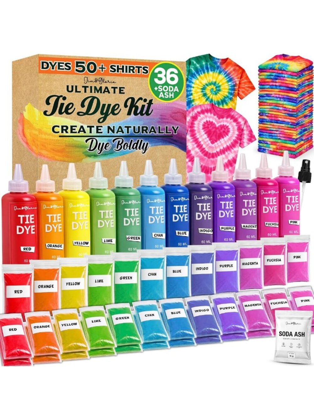 Vibrant Tie Dye Kit - 36 Powder Dyes & 12 Bottles for DIY Crafts & Parties